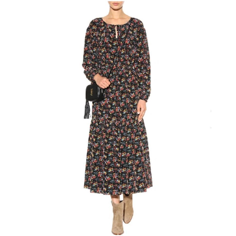 Saint Laurent Bouquet-Print Peasant Midi Dress, Black Pattern Women’s Sz Small S